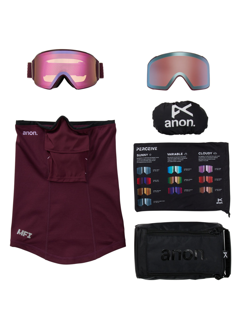 Anon M4 Goggles (Cylindrical) + Bonus Lens + MFI Face Mask - Deep Cherry / Perceive Cloudy Pink - Anon Magnatech Goggle - alternate view 6