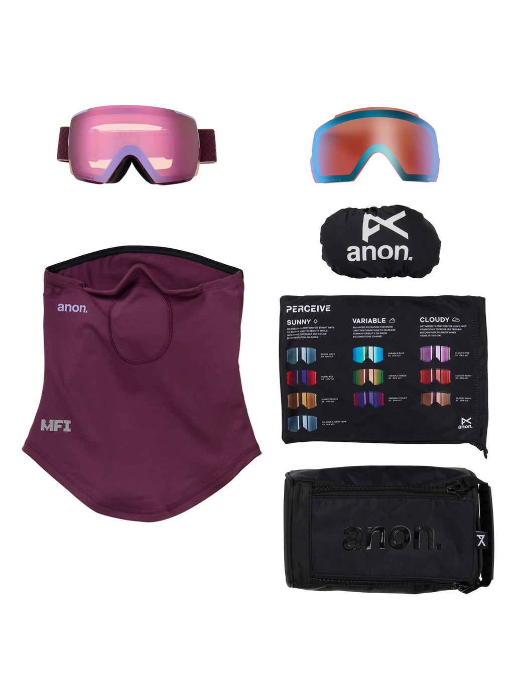 Anon M5S Goggles + Bonus Lens + MFI Face Mask - Deep Cherry / Perceive Cloudy Pink - Anon Magnatech Goggle - alternate view 6