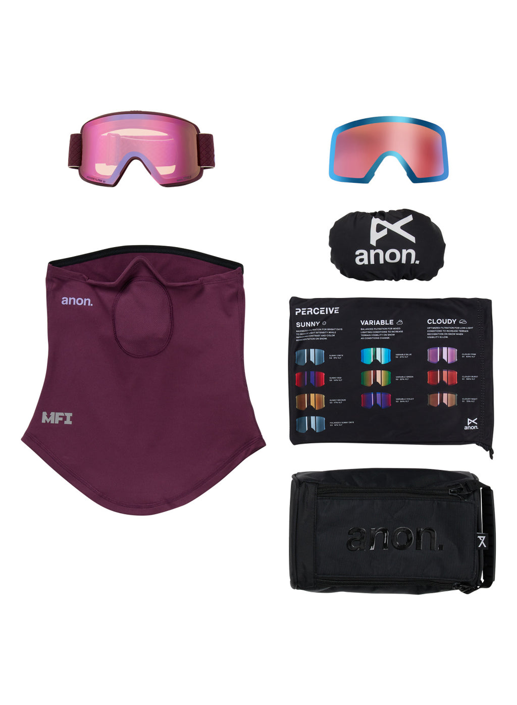 Anon M6S Goggles + Bonus Lens + MFI Face Mask - Deep Cherry / Perceive Cloudy Pink - Anon Magnatech Goggle - alternate view 6